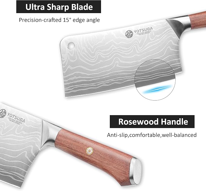YOTSUBA 7 Inch Cleaver Knife-Ergonomic Rosewood Full Tang Handle, Ultra Sharp High Carbon German Steel Chopping Knife for Meat Vegetable, Gift Box for Home Cooks & Cooking Lovers