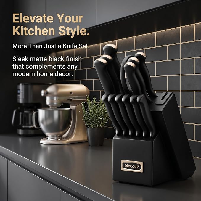 McCook Knife Set Black Kitchen Knife Block Set w Built-in Sharpener | German Forged Stainless Steel,15 PC,Razor Sharp, Anti-Rust,Ergonomic Handle,Full Tang,Dishwasher Safe,Gift Box