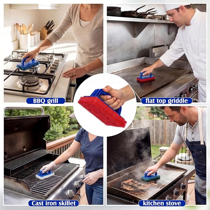 LemonRoad 12 Sets of Griddle Cleaning Kit, Heavy Duty Griddle Scrubber, Including Scouring Pads and Handles, Flat Top Grill Cleaning Scrubber Brush with Handle for Oven, BBQ, Cookware, Kitchen