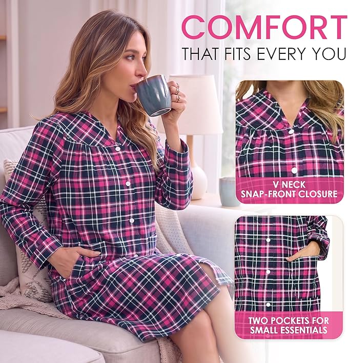 Casual Nights Women's Floral Snap Front Flannel Duster Long Sleeve Lounger Dress