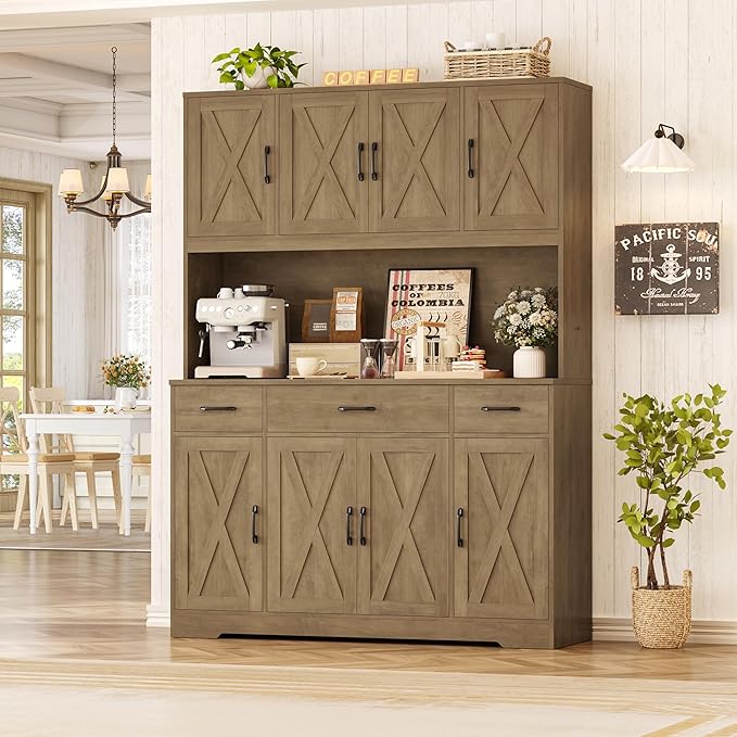 HOSTACK 71" Tall Kitchen Pantry Storage Cabinet, 55" W Kitchen Hutch, Brown | Large Pantry Cabinet with Charging Station / Countertop / 3 Drawers, Farmhouse Hutch Cabinet with Storage for Dining Room