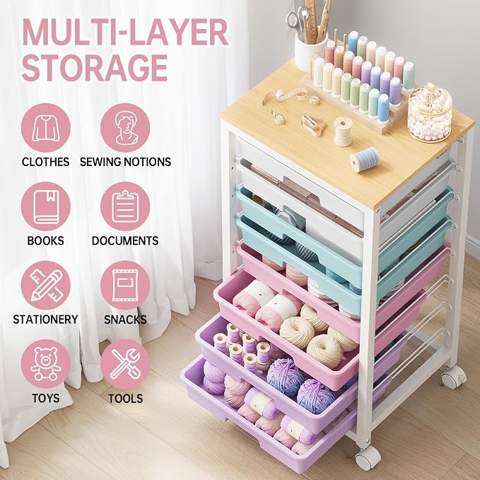 SYKIARIOL Rolling Storage Cart with Drawers,Utility Cart With 8 Drawers and Wooden Tabletop,Rolling Drawer Cart,Storage Drawer Cart for Living Room,Classroom,Bedroom,Bathroom,Dorm,Office, Ice Cream