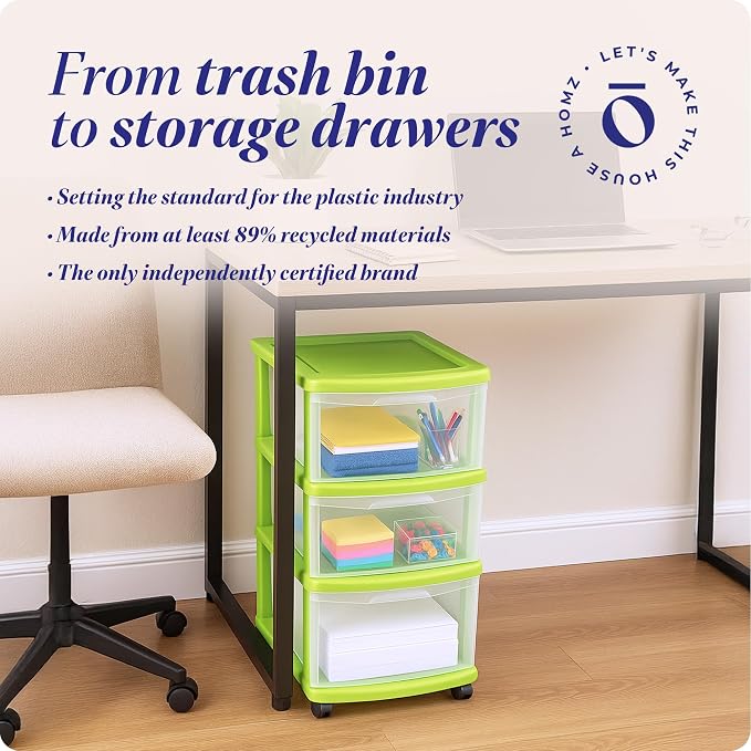 HOMZ Drawer Tower, 3-Tier Clear Plastic Storage Organizer Cart, Bold Lime Frame - Rolling Drawer Containers with Wheels for Bathroom, Bedroom, Office, and Classroom Organization