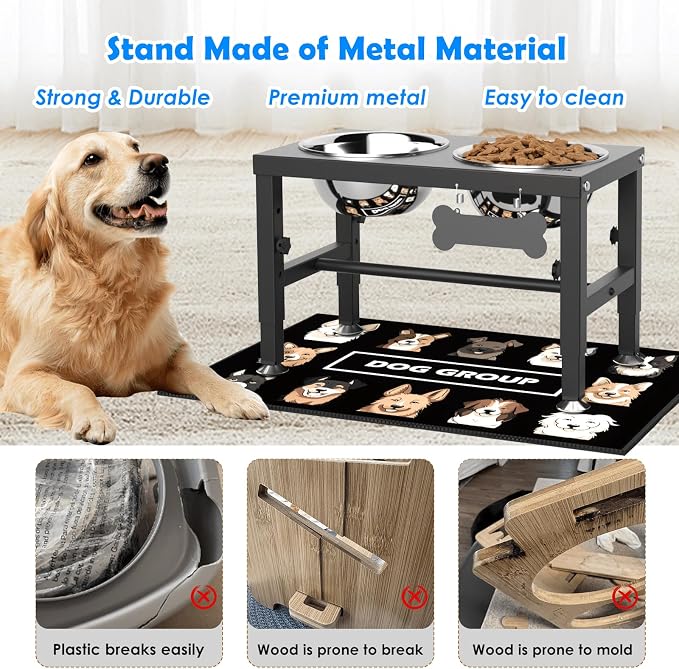 SHAINFUN Elevated Dog Bowls with Mat for Medium Large Dogs, Raised Dog Bowl Stand with 2 Stainless Steel 58oz Bowls, Tall Dogs Food Water Bowl Holder