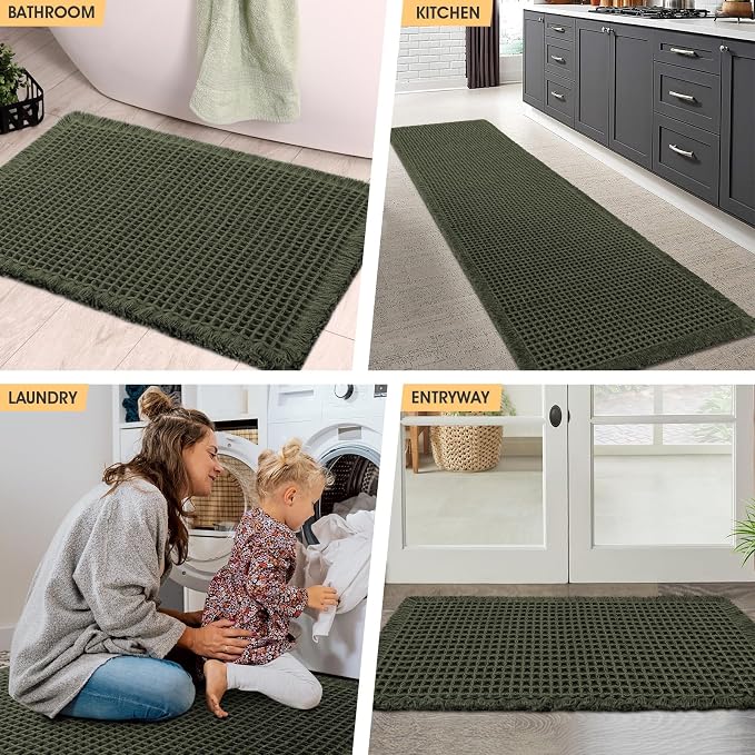 IM HOME Extra Large Waffle Bath Mat Dark Green 6'x2'(72" x 24"), Boho Woven Modern Bath Mat Rugs, Absorbent Non Slip Bathroom Rugs, Soft Washable Bath Rugs with Tassels for Bathroom