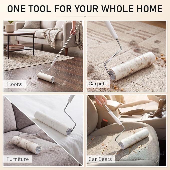 9.45 Inch Large Lint Roller for Pet Hair, Extra Sticky Floor Roller with Long Handle, 20 Refills, Wide Hair Remover for Carpet Couch Furniture Car Seats