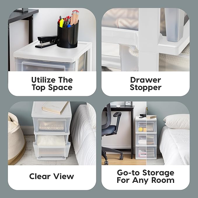 IRIS USA Plastic Drawer Storage Organizer, 3-Drawers, 2-Pack, for Classroom Art Craft Supplies, Bathroom Bedroom, Laundry Room, White/Clear
