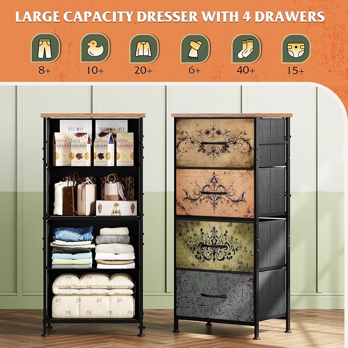 WLIVE Small Dresser Nightstand for Bedroom, 4 Drawers, Pattern | 4 vertical fabric drawers, Space-saving tower, Bedroom or closet use, Chest of drawers, Dresser for small spaces