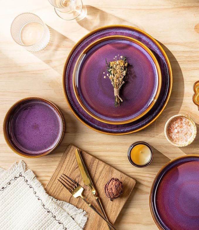TheTerra Ceramic Dinnerware Sets for 8, 24 Pieces Porcelain Lightweight Plates and Bowls Sets, Scratch Resistant Dish Set, Oven & Microwave & Dishwasher Safe, Amber Amethyst