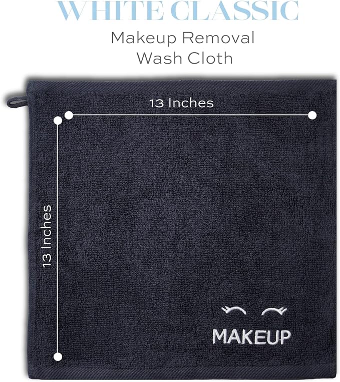 White Classic Bleach Safe Black Makeup Washcloths for Face Cleansing, 12 Pack - Super Soft Luxury Cotton Black Makeup Towels, Highly Absorbent and Quick Dry, All Makeup Remover Cloth | 13 x 13