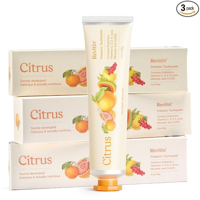 Revitin Toothpaste | Fluoride-Free Prebiotic Citrus Tooth Gel | No SLS, Gluten Free, Dye Free, GMO Free, No Sweeteners | Non-Toxic, Kid Approved, Pack of 3