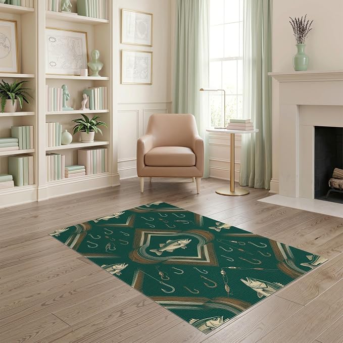 4'x6' Washable Area Rug Vintage Bass Tackle Symmetry Lure Motif Border Angler Fish Fishing Refined for Playroom, Bedroom, Reading Nook, Pet Friendly & Non-Slip