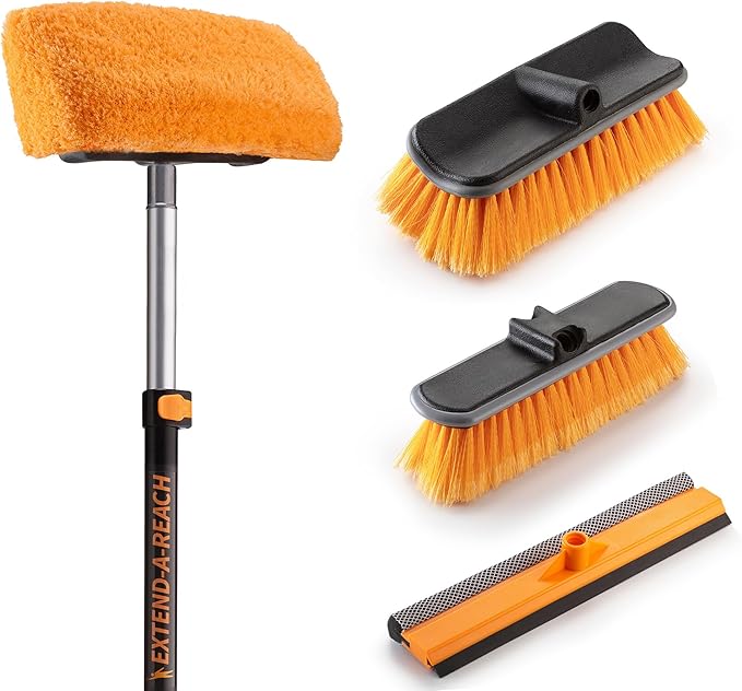 Exterior House Cleaning Brush Set with 5-8 ft Extension Pole // Vinyl Siding Brushes with Telescopic Extendable Pole & Window Cleaning Squeegee Tool // The Ultimate Extension Scrub Brush Set