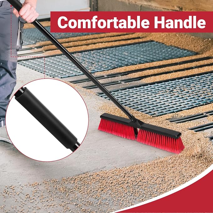 24" Push Broom with 63" Long Handle, Heavy Duty Broom for Floor Sweeping, Stiff Bristles Broom Brush for Workshop, Garage, Concrete, Patio and Deck