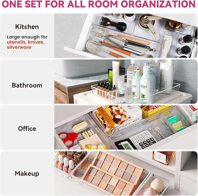 Criusia Large Drawer Organizer Bins 26 Pack | Complete 5 Size Clear Plastic Kitchen Drawer Organizers for Utensils | Bathroom Drawer Organizer Trays | Versatile for Makeup Office Organization