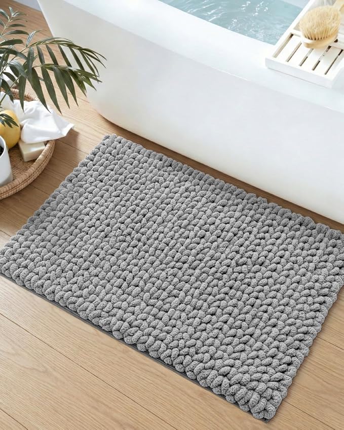 DEXI Bathroom Rugs 30x17, Non Slip Washable Bath Mat, Luxury Chenille Super Absorbent Ultra Thick Bathmats for Shower Floor, Plush Fluffy Shaggy Carpet for Tub, Light Grey