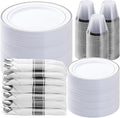 BESTVIP 525PCS Silver Plastic Dinnerware Set for 75 Guests, Disposable Plates for Party, Include: 150 Plastic Plates, 75 Pre Rolled Napkins with Silver Silverware, 75 Cups for Christmas