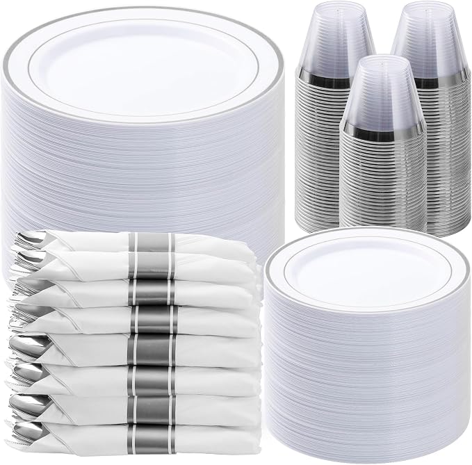 BESTVIP 525PCS Silver Plastic Dinnerware Set for 75 Guests, Disposable Plates for Party, Include: 150 Plastic Plates, 75 Pre Rolled Napkins with Silver Silverware, 75 Cups for Christmas
