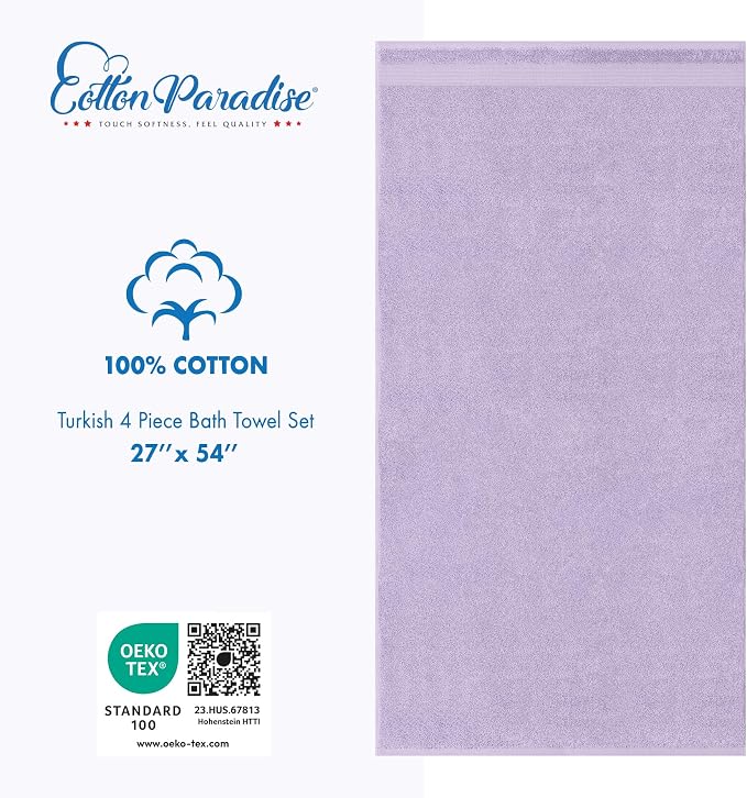 Cotton Paradise 100% Cotton Turkish Towel Set, Soft Absorbent Quick Dry, 4 Piece Bath Towel Set, Lilac