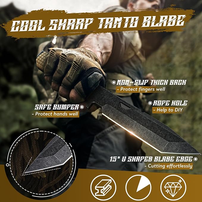 Dragon Creek Tactical Knife Kydex - D2 Steel Outdoor Knife with Sheath | Brown G10 Full Tang Handle for Outdoor Survival Camping Hiking Thanksgiving Gift Men
