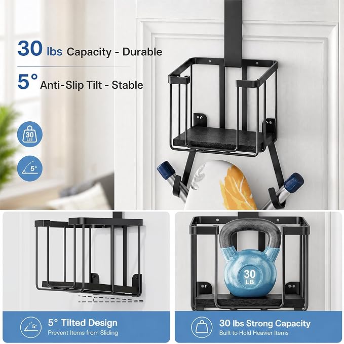 ORLESS Ironing Board Hanger Over Door & Wall Mount, Black | 2 in 1 Heavy Duty Iron Board Holder with Storage Basket, Fits T/Y Boards, Laundry Room Space Saver