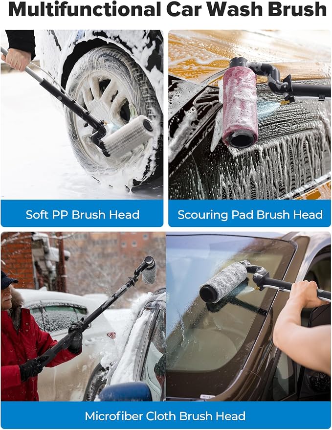 79'' Electric Car Wash Brush with Long Handle, Car Cleaning Brush for Cleaning RV with Water-Fed Pole, Scratch-Free Soft Bristles Car Wash Mop Kit, Complete Car Cleaning Kit for Car Truck RV Boat