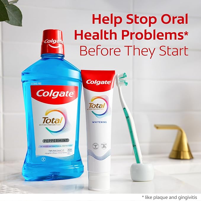 Colgate Total Alcohol Free Mouthwash, Peppermint for Bad Breath, Helps Prevent Gingivitis and Plaque, 3 Pack, 33.8 Oz Each