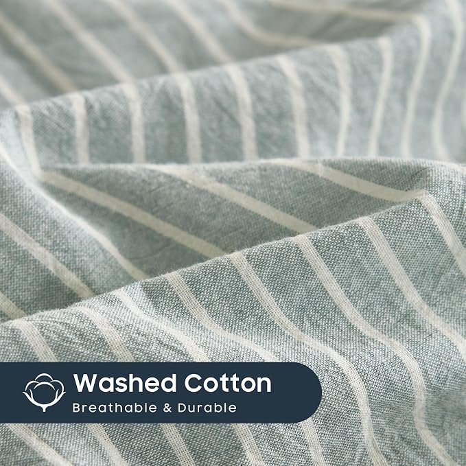 Wake In Cloud - Striped Cotton Duvet Cover Set, 100% Washed Cotton Textured Bedding Set, Ticking Stripe Pinstripe Farmhouse, 3 Pieces, Greyish Blue, Twin/Twin XL Size