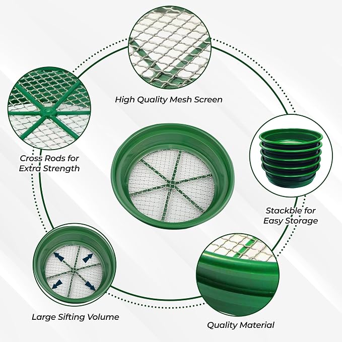 SE 13.25 Inch Wide Stackable Classifier Gold Prospecting Pan - 1/2 Inch Stainless Steel Mesh Sifting Pan, Green