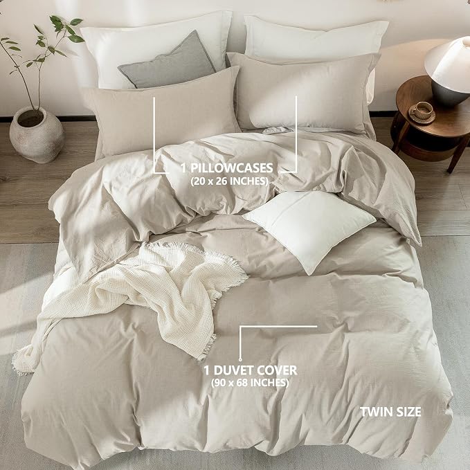 Linen Grey Duvet Cover Twin Size 90inch x 68inch,100% Washed Cotton Duvet Cover with Zipper Closure and One Pillowcases, Color of New Nature Linen