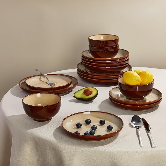 Pokini 32 Piece Double Bowl Dinnerware Sets with Pasta Bowls, Highly Chip and Crack Resistant Plates and Bowls Sets, Natural Earthyware Ceramic Dishware Sets, Service for 8 Brown Yellow