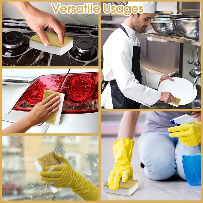 Tioncy 100 Pcs Individually Wrapped Sponges Kitchen Bulk Brown Dish Non Scratch Scrub Sponges Dual Sided Cleaning Dish Scrubber for Washing Dishes, Pots, Pans, Sinks, Stoves, Appliances, Car, Bike