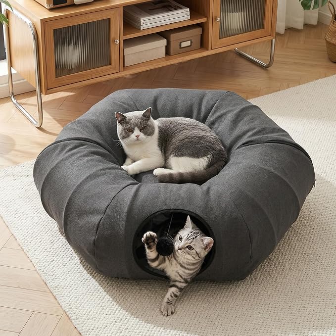 Cat Tunnel Bed for Indoor Cats, Cooling Natural Linen Cat Tunnel, Breathable 29.5in Kitten Toys Cat Tunnel with Washable Mat, Round Pet Tunnel for Kittens, Squirrels Dark Grey