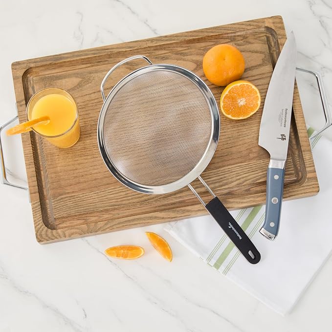 Restaurantware Fine Mesh Strainer 1 Count 15" x 7.8" x 3" with Silicone Handle Stainless Steel Extra Fine Mesh Strainer Heat-Resistant Handle Dishwasher-Safe for Rice, Quinoa, Pasta
