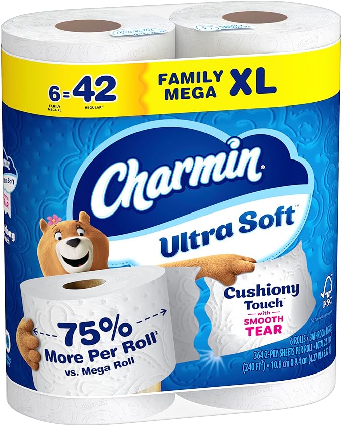 Charmin Ultra Soft Cushiony Touch Toilet Paper, 6 Family Mega XL Rolls = 42 Regular Rolls