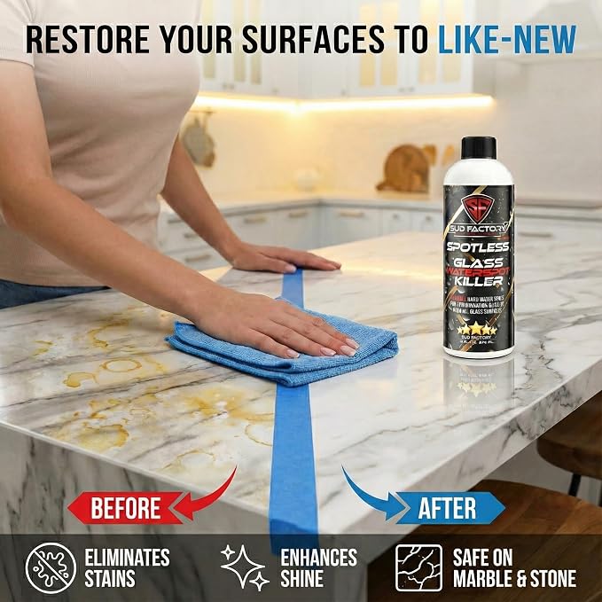 Sud Factory Hard Water Spot Remover for Glass Spotless X2 - Removes Water Stains from Shower Doors, Car Windows, Windshields - Professional Strength 16oz