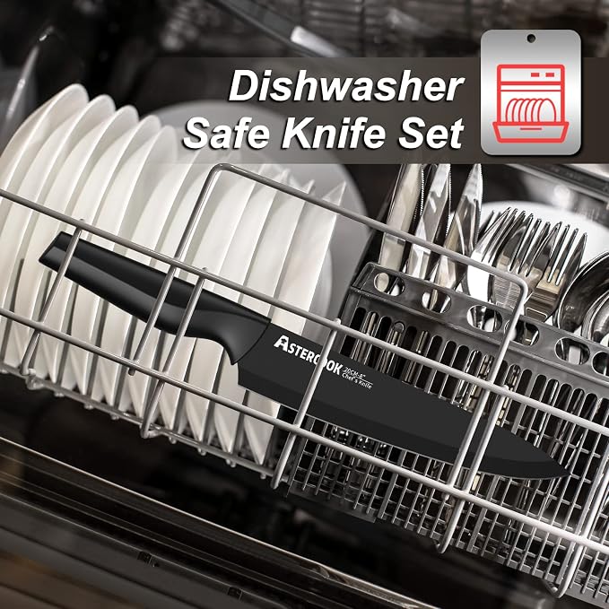 Knife Set, Astercook 21 Pieces Knife Sets for Kitchen with Block, Dishwasher Safe Kitchen Knife Set with Built-in Sharpener, German Stainless Steel Black Knife Block Set, Fathers Day Gift for Men
