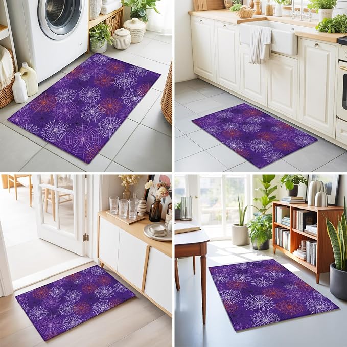 Entryway Area Rug 2'x3', Purple Halloween Washable Small Area Rugs for Kitchen Bathroom Bedroom Office Laundry, Red Black White Net Halloween Non Slip Door Mat Indoor Entrance Floor Throw Carpet
