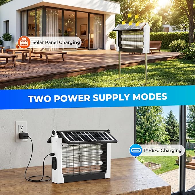 Upgraded Solar Bug Zapper Outdoor with Dual Panels, 4500V Cordless Rechargeable Fly Insect Killer Waterproof Electric Mosquitoes Zapper for Patio Garden Backyard RV Camping Pond
