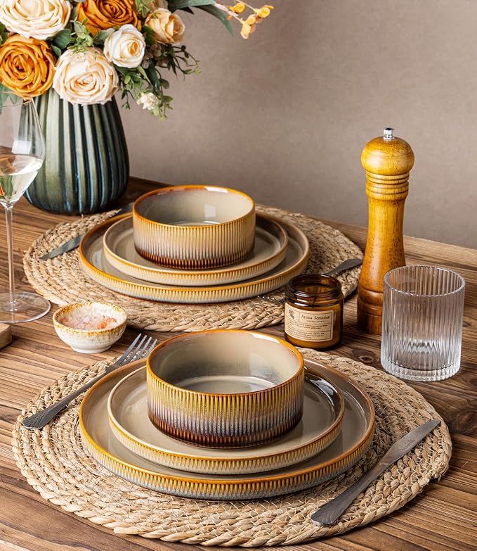 TheTerra Ceramic Dinnerware Sets for 6, 18 Pieces Porcelain Lightweight Plates and Bowls Sets, Scratch Resistant Dish Set, Oven & Microwave & Dishwasher Safe, Creamy Amber