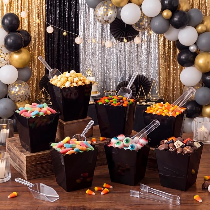 61 oz 6 Black Plastic Candy Bar Containers with 3 Tongs and 3 Scoops Halloween Party Supplies Reusable Scalloped Buffet Station Serving Bowls for Weddings Birthday Dessert Snack Box
