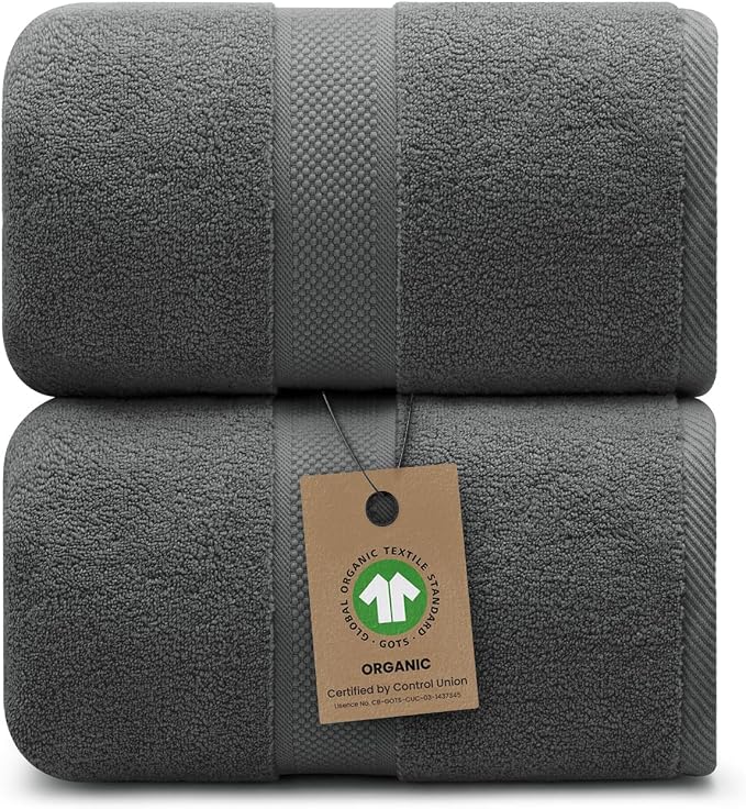 Alusa Home 100% Organic Luxury Bath Sheets - GOTS Certified - Extra Large 35x70 Inches (Pack of 2) Zero-Twist, Long-Staple Cotton Bath Sheet Set (Granite Grey)