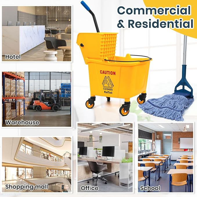 35 Quart Commercial Mop Bucket with Side Press Wringer on Wheels and 1 Industrial Mop for Floor Cleaning, Use at Home Business Area, Janitorial Supplies, Rectangular