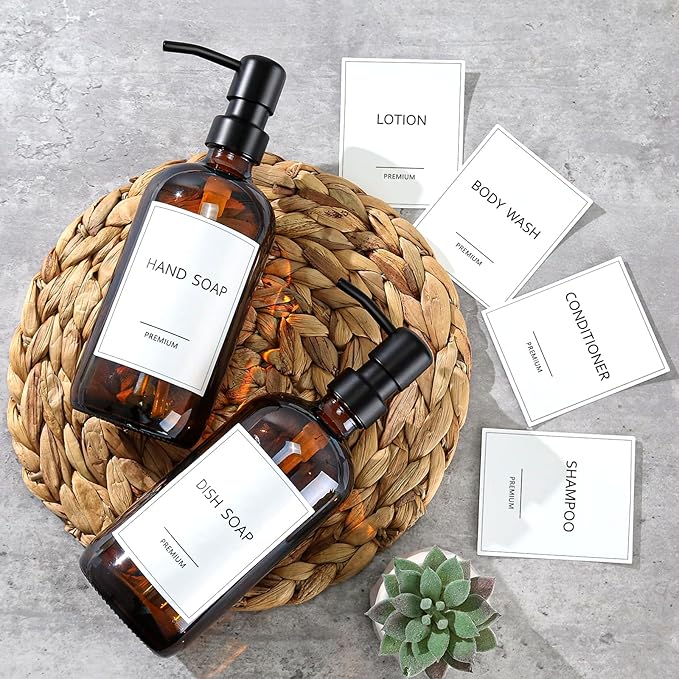 GMISUN Amber Glass Soap Dispenser, 8 Pack Bathroom Hand Soap Dispensers | 17 Fl Oz Kitchen Hand and Dish Soap Dispenser Set with Stainless Steel Pump, Modern Vintage Liquid Brown Soap Bottle