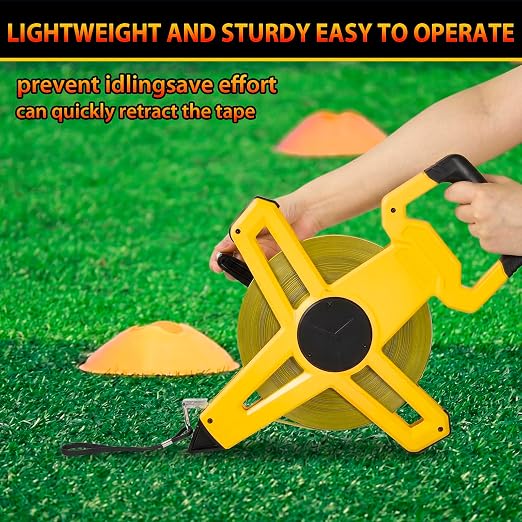 328ft/100m Open Reel Long Tape Measure, 1/2" Nylon-Coated Steel Blade, Dual Inch/Metric Scales, ABS Impact-Resistant Case for Construction, Surveying Yellow