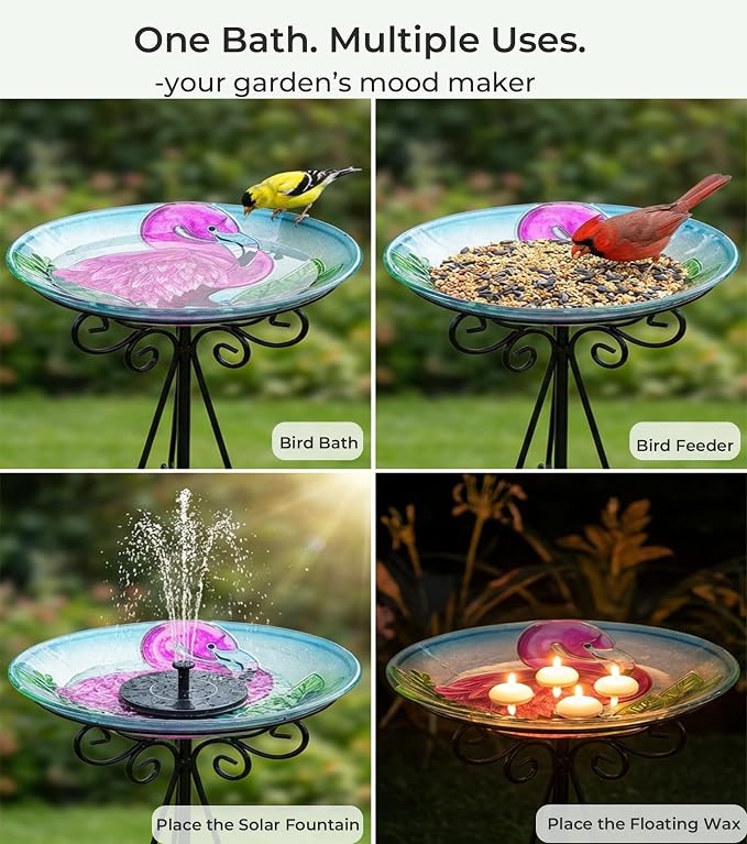 Large Glass Bird Bath with Metal Stand, Flamingo | 18" Wide Bowl, 3.2" Bathing Depth, Thick Glass Construction, Stable 3-Leg Base, Easy Clean Surface, Garden Decor