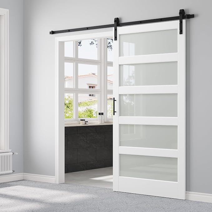 42" x 84" 5-Lites Frosted Glass Sliding Barn Door with 7FT Sliding Door Hardware Kit, Easy Assembly for Mortise and Tenon Structure, Water & Scratch Resistant MDF Barn Doors for Bathroom, Pre-Drilled