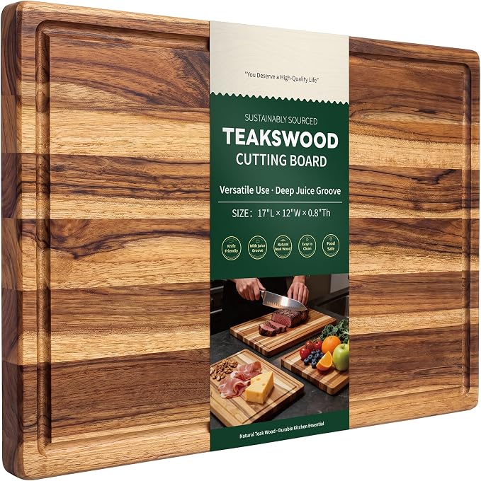 Large Teak Wooden Cutting Boards for Kitchen, Solid Wood Cutting Board Set - Charcuterie & Chopping Butcher Block for Meat - Kitchen Gadgets Gift