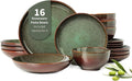Pokini 16 Piece Double Bowl Dinnerware Sets with Pasta Bowls, Highly Chip and Crack Resistant Plates and Bowls Sets, Natural Earthyware Ceramic Dishware Sets, Service for 4 Sage Green