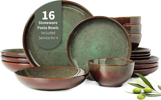 Pokini 16 Piece Double Bowl Dinnerware Sets with Pasta Bowls, Highly Chip and Crack Resistant Plates and Bowls Sets, Natural Earthyware Ceramic Dishware Sets, Service for 4 Sage Green